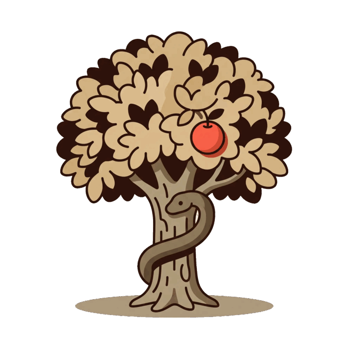 Garden tree with the serpent on its trunk and one coral fruit